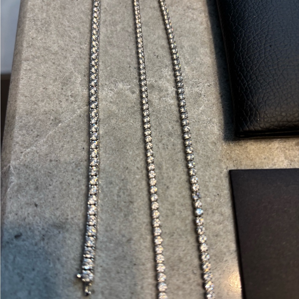 white gold tennis bracelet and micro necklaces